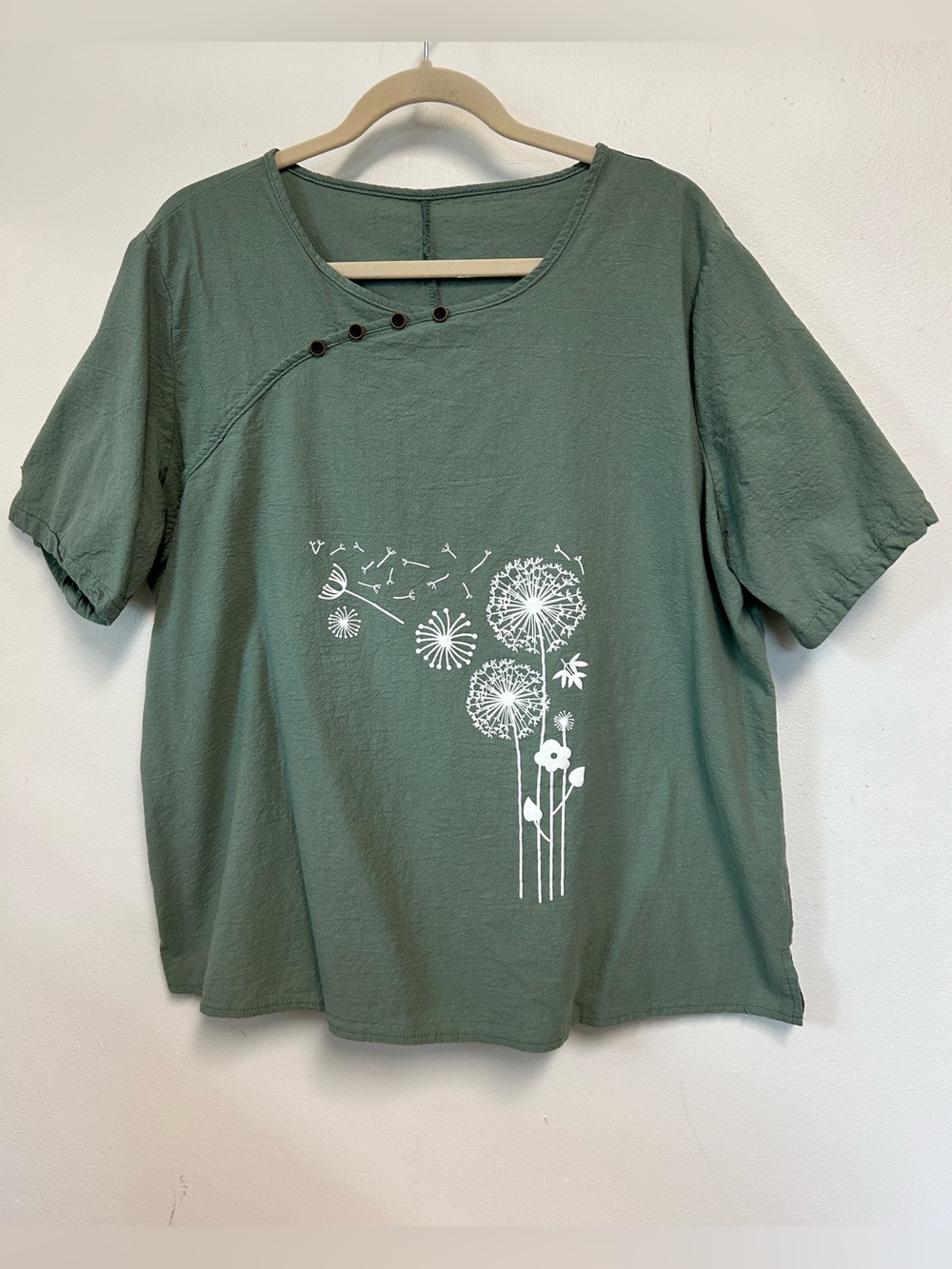 SHEIN Green Dandelion Graphics Army Green Gauzy Diagonal Button Top Womens 3XL